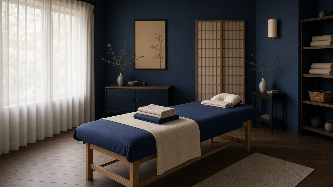 Quiet treatment room with navy linens and soft daylight